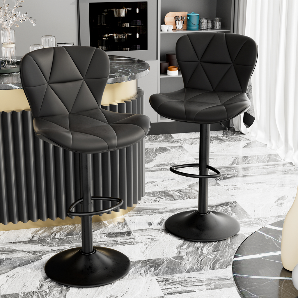 Modern Bar Stools Set Of 2, Adjustable Faux Leather Upholstered Swivel Bar Stools, Counter Height Bar Chairs With Back For Kitchen Island, Black