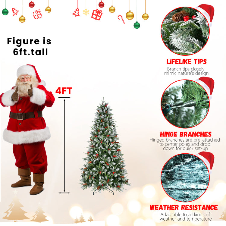 4Ft Christmas Tree With 747 Tips, Red Berries & Pine Cones Snow Dusted Pe Pvc Branches, Hinged Design For Easy Setup, Sturdy Metal Stand Full, Natural Holiday Tree Decoration