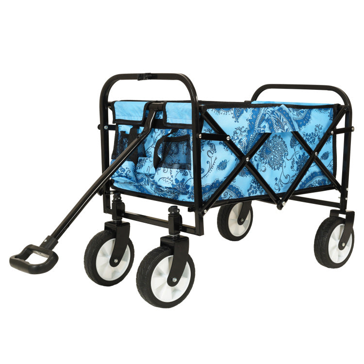 Minimeetall Colorful Collapsible Foldable Wagon Cart With Strapping System, Beach Wagon ,Utility Wagon Grocery Cart Camping Shopping Sports Gardeing Fishing Supports 225Lbs,Flower Blue Light