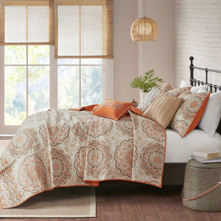 6 Piece Reversible Quilt Set With Throw Pillows Orange Full Queen