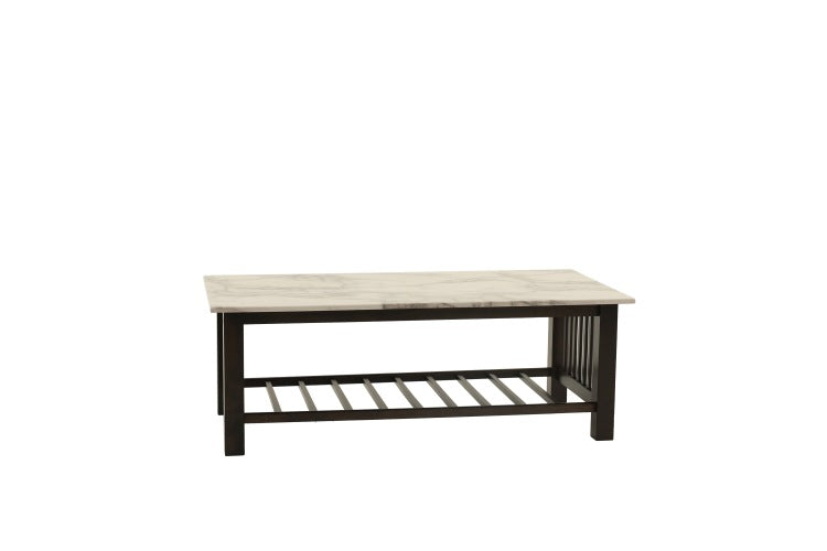 Modern Contemporary 1Pc Coffee Table Faux Marble Top Antique Walnut Solid Legs Open Storage Shelf Occasional Table Living Room