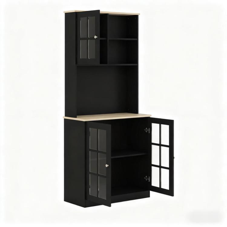Freestanding Cabinet,Kitchen Pantry Storage Cabinet,Large Countertop, Glass Doors And Adjustable Shelves For Dining Room