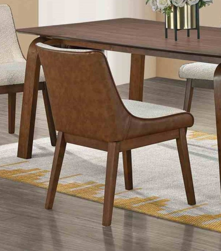 Mid Century Modern 2Pc Side Chair Padded Seat Angled Legs Curved Panel Back Walnut And Beige Finish