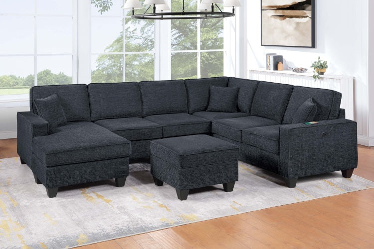Slate Black Finish Contemporary Style 5Pc Sectional Set Left Arm Loveseat With Usb Port Corner Wedges Ottoman Armless Chairs Right Arm Loveseat With Chaise Primary Living Room