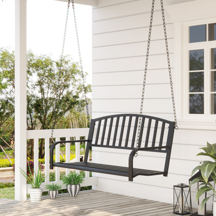 Outsunny 2 Person Front Porch Swing Patio Swing Bench, Outdoor Steel Swing Chair With Sturdy Chains, For Backyard, Deck, 528 Lb Weight Capacity, Black