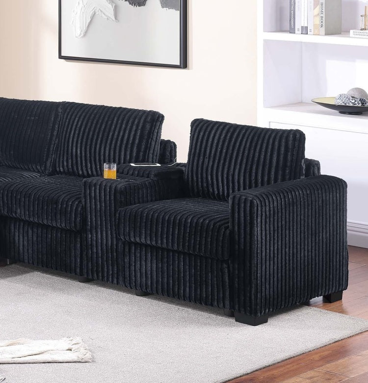 Modern Style L Shape 4Pc Sectional Set Reversible Loveseat Usb Ports Cup Holder Armless Chair Plastic Legs Corduroy Upholstered Black Finish Primary Living Room