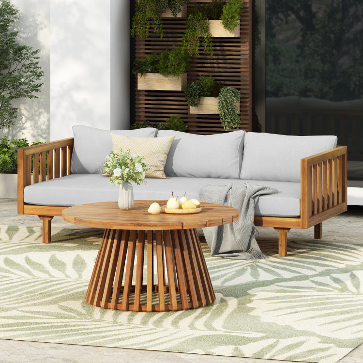 Acacia Wood Patio Furniture Set,Outdoor 3 Seater Daybed With Water Resistant Thick Cushions And Round Coffee Table, Light Gray Cushion
