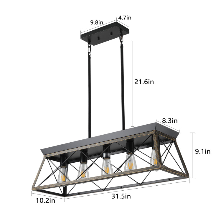 32" Black Gold Industrial 5 Light Pendant Chandelier, Modern Metal Cage Design, Adjustable Hanging Light For Dining Room, Kitchen, Living Room No Bulbs