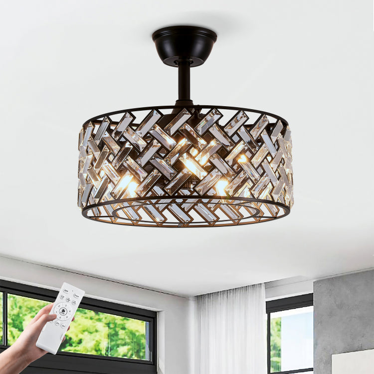 18'' Crystal Cage With Remote Control ,Quiet Motor Fan Light , Indoor Crystal Chandelier For Bedroom, Living Room, Dinning Room, Kids Room Matte Black Bulbs Not Included