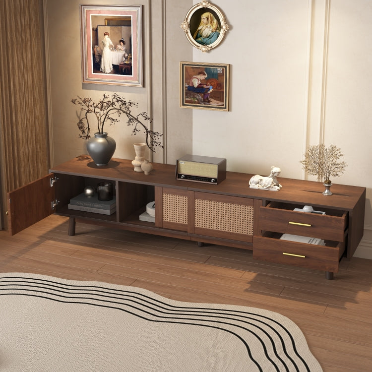 Mid Century Modern Tv Stand For 80" Tvs, Entertainment Center With Sliding Doors And Drawers, Tv Table With Storage For Living Room, Bedroom