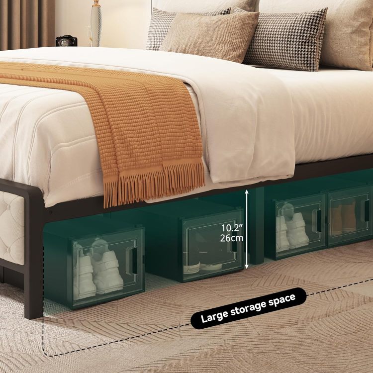 Queen Size Bed Frame, Platform Bed Frame With Charging Station, Upholstered Storage Headboard & Footboard Metal Slats Supports Mattress Foundation, No Box Spring Needed, Beige No Drawers