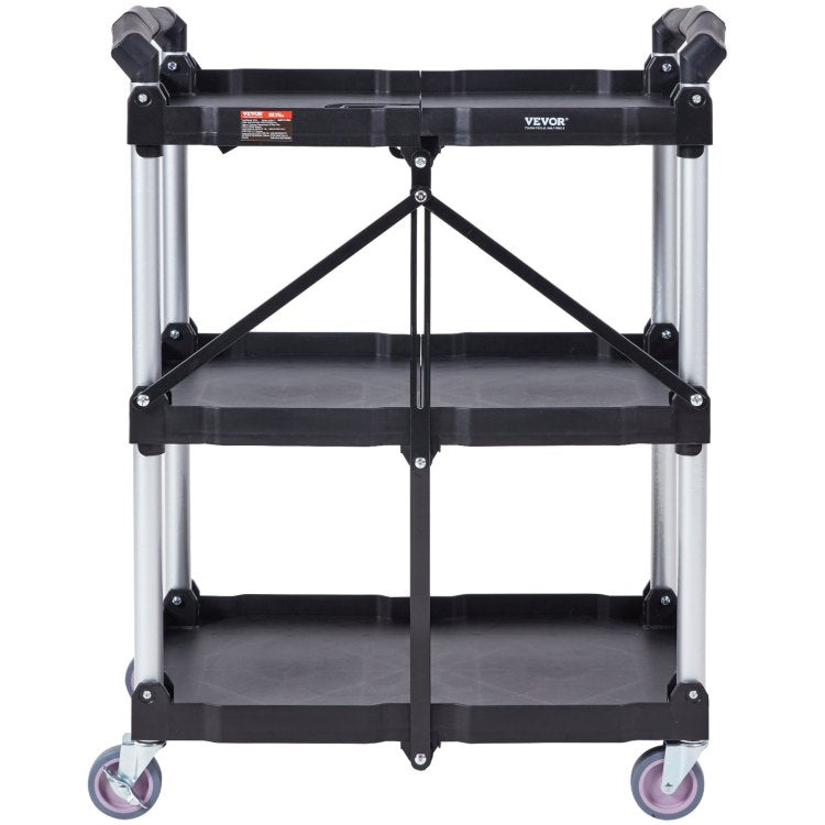 Foldable Utility Service Cart, 3 Shelf 165Lbs Heavy Duty Plastic Rolling Cart With Lockable Wheels, Ergonomic Handle, Portable Garage Tool Cart For Warehouse Office Home 25.62"X15.43"X32.76"