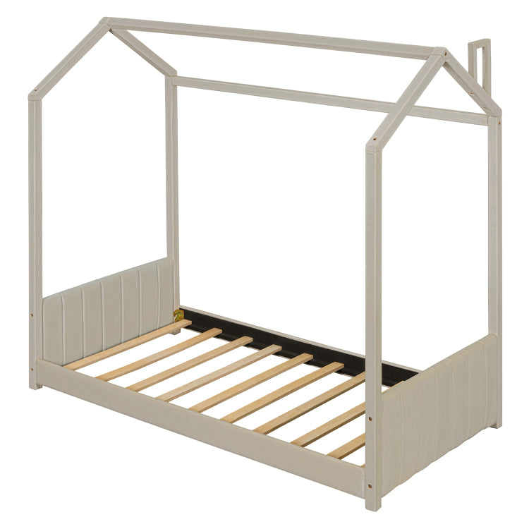 Twin Size Velvet House Bed Wood Bed, Beige Old Sku: Lp000125Aaa