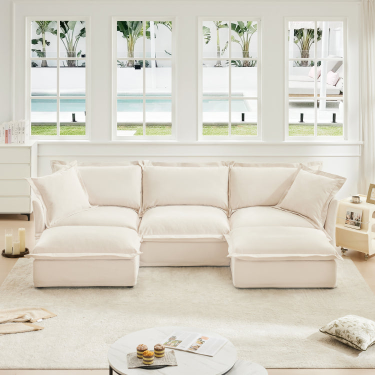 Slipcovered U Shape Sectional Deep Seat Sofa Couch, 3 Seater Sofa With French Edges Design Multiple Big Pillows, Modular Deep Seat Sectional Sofa Comfy Cloud Couch For Living Room