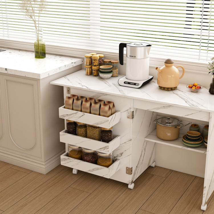 4 In 1 Folding Sewing Table With Lockable Wheels Multi Functional Craft Station, End Table, Computer Desk & Kitchen Storage With Shelves, White Rolling Sewing Machine Table For Apartments