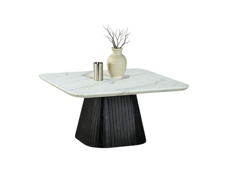 Contemporary Style Square Coffee Table Faux Marble Top Reeded Drum Base Black Finish Primary Living Room
