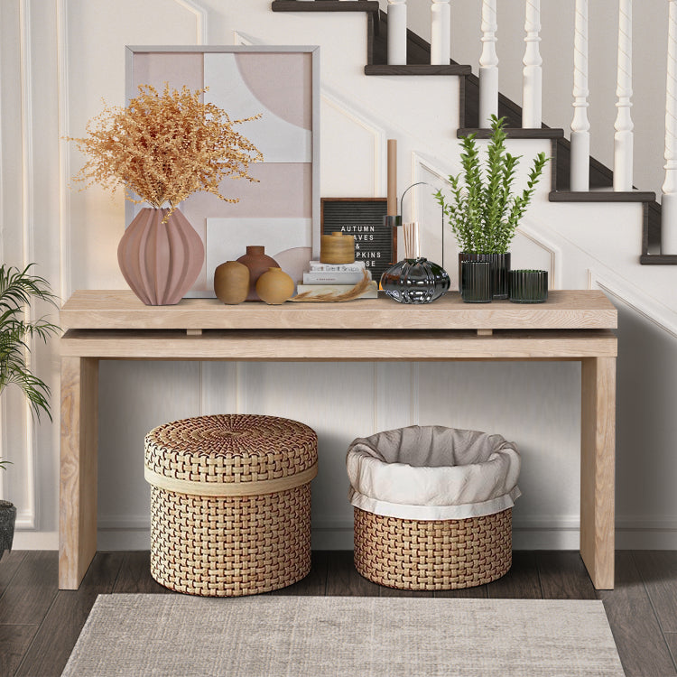 60'' Antique Natural Farmhouse Console Table Retro Wooden Entryway Table With Double Board Suspension Design, Solid Wood & Mdf, Sofa Table For Living Room