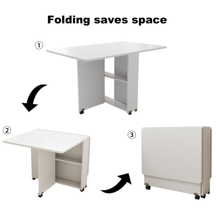 Folding Drop Leaf Dining Table With 6 Wheels And 2 Layer Storage Shelf, Space Saving Table For Small Spaces, 47.2 Inch D X 23.6 Inch W X 30.3 Inch H, White