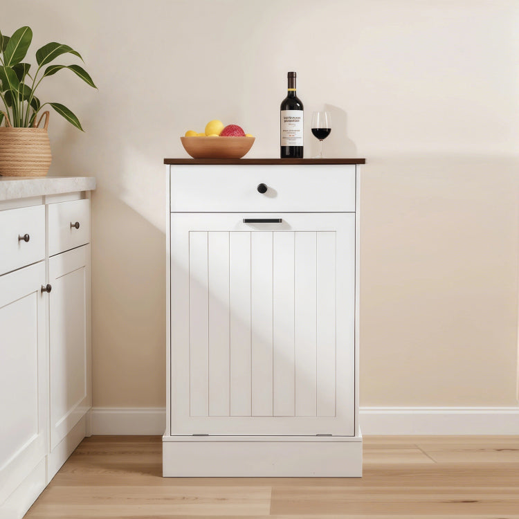 Tilt Out Trash Can Cabinet, Hidden Wooden Trash Can Cabinet With Drawer, Free Standing Garbage Cabinet For Kitchen, 10 Gallon Farmhouse Laundry Hamper Cabinet For Kitchen, Living Room White