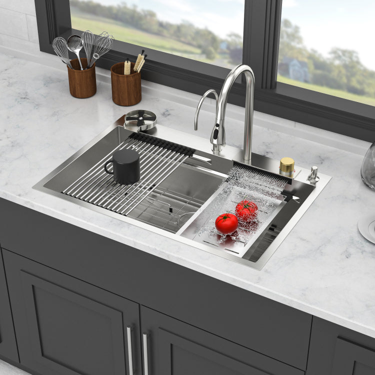 33" Drop In Waterfall Kitchen Sink 33*22*10 Inch Single Bowl 16 Gauge Stainless Steel Ledge Workstation Kitchen Sinks With Pull Down Faucet & Cup Washer
