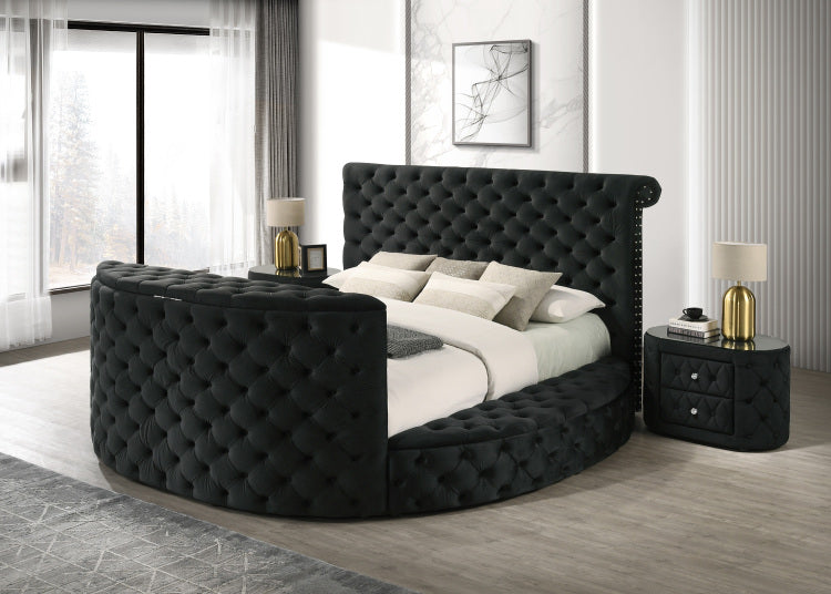 Luxurious 1Pc Oval Nightstand Plush Tufted Upholstery 8Mm Tempered Glass Top Rounded Sides Two Storage Drawers Sparkling Knobs Wooden Bedroom Furniture Black