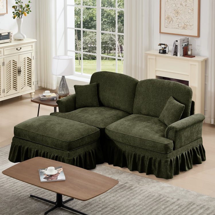 Elegant Mid Century Large Two Seater Modular L Shaped Sofa Couch With Flared Arms And Removable Ruffles Pleats Skirts And Spindle Legs, Comfy Chenille Loveseat Sofa With Movable Ottoman,Green
