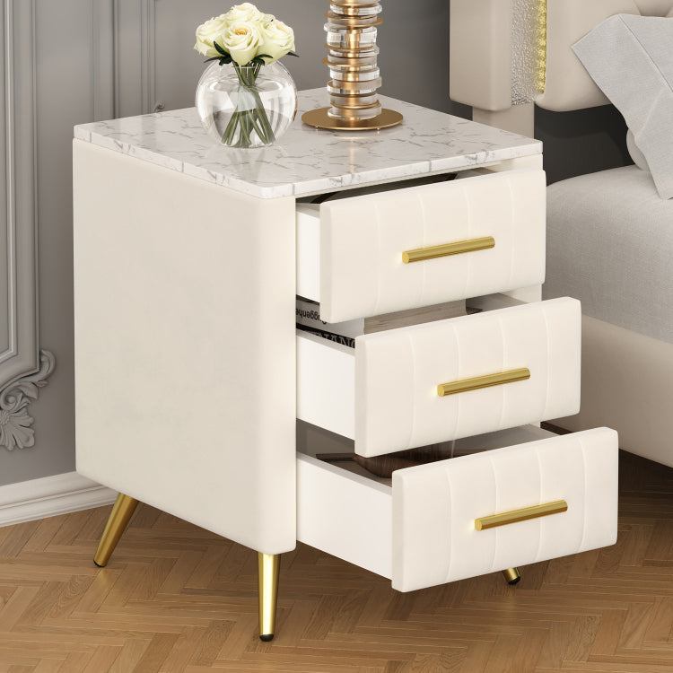 Upholstered Wooden Nightstand With 3 Drawers And Metal Legs&Handles, Bedside Table With Marbling Stickers Worktop Beige