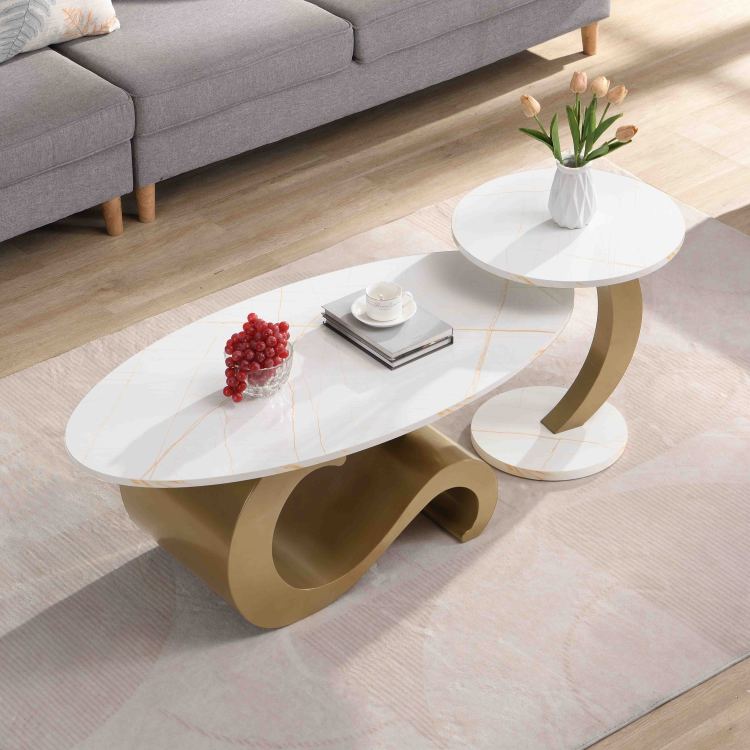 Modern Nesting Coffee Table Set Of 2 End Table For Living Room, Oval And Round Table Set, Golden
