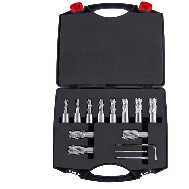 Annular Cutter Set, 13 Pcs Weldon Shank Mag Drill Bits, 7 16" To 1 1 16" Cutting Diameter, 1" Cutting Depth, M2Al Hss, 2 Pilot Pins, Hex Wrench And Portable Case, For Using With Magnetic Drills
