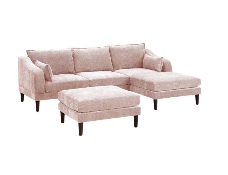 Contemporary 5Pcs Modular Sectional Set One Arm Chairs Armless Chair Ottomans L Shaped Sectional Blush Pink Morgan Fabric
