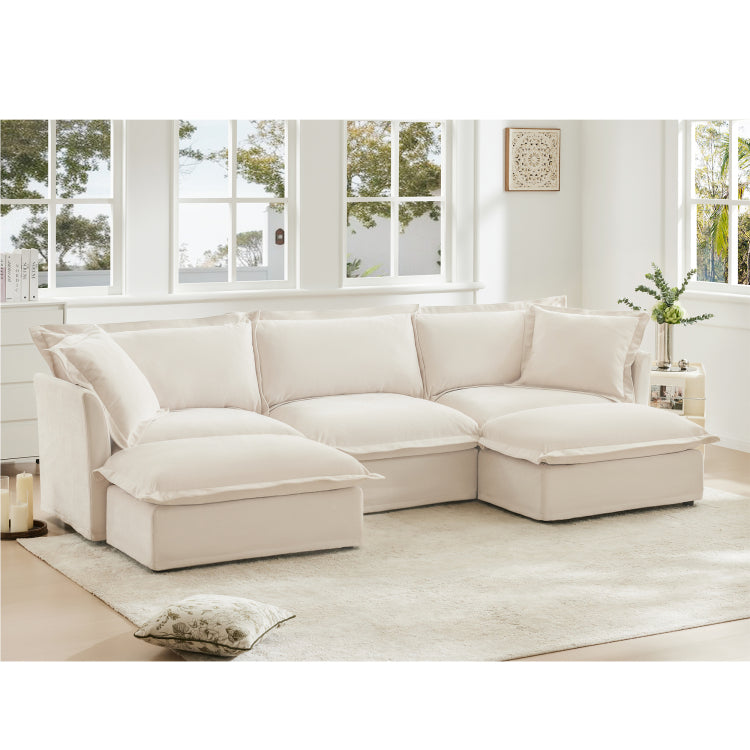 Slipcovered U Shape Sectional Deep Seat Sofa Couch, 3 Seater Sofa With French Edges Design Multiple Big Pillows, Modular Deep Seat Sectional Sofa Comfy Cloud Couch For Living Room