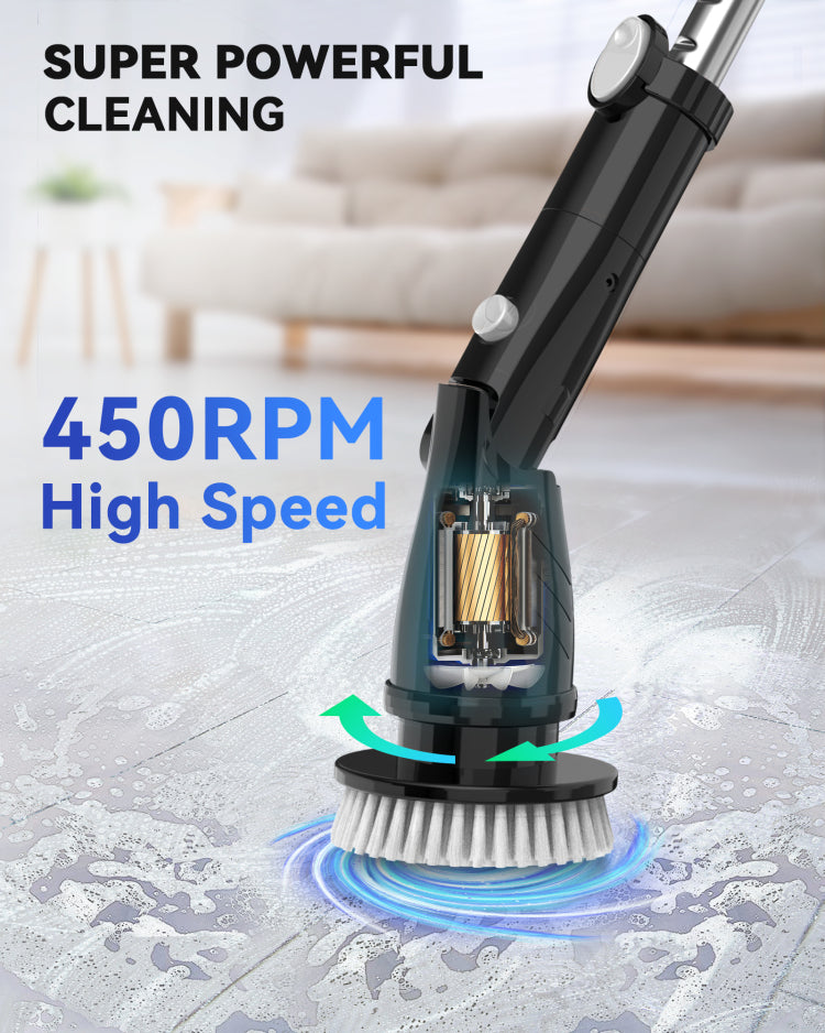 Tasvac Eb5 Black Electric Spin Scrubber, Cordless Cleaning Brush With 5 Replaceable Heads, 450 Rpm, Adjustable Telescopic Handle, 90Min Runtime