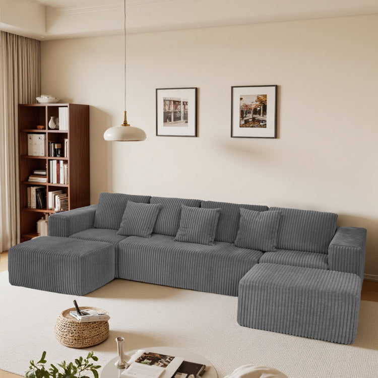 Modular U Shaped Sectional Sofa, 132 Inch 4 Seater With Reversible Chaise Lounge Gray Striped Corduroy Fabric, Modularly Adjustable For Living Room & Bedroom, Feat. Freely Configurable Layout