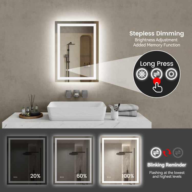20"*28"Led Bathroom Mirror,Front Lit And Back Lit, Stepless Dimmable, 3 Colors Cri90 , Brightness Memory, Shatter Proof,Anti Fog Led Vanity Mirror, Ip44 Waterproof