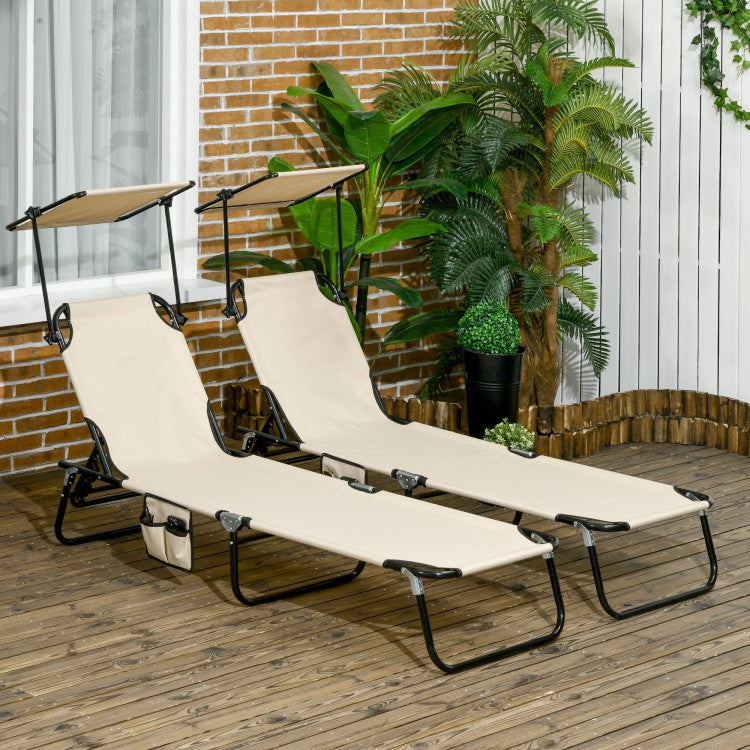 Outsunny Folding Chaise Lounge Pool Chairs, Outdoor Sun Tanning Chairs With Canopy Shade, Reclining Back, Steel Frame And Side Pocket For Beach, Yard, Patio, Tan