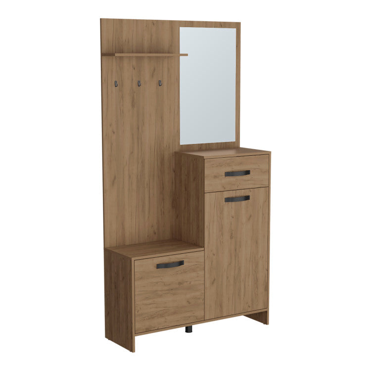 Parker 75" Tall Mirrored Tree Hall With Hangers, Three Shelves, Two Cabinets, One Drawer, Entry Way, Console Table, Living Room Light Oak