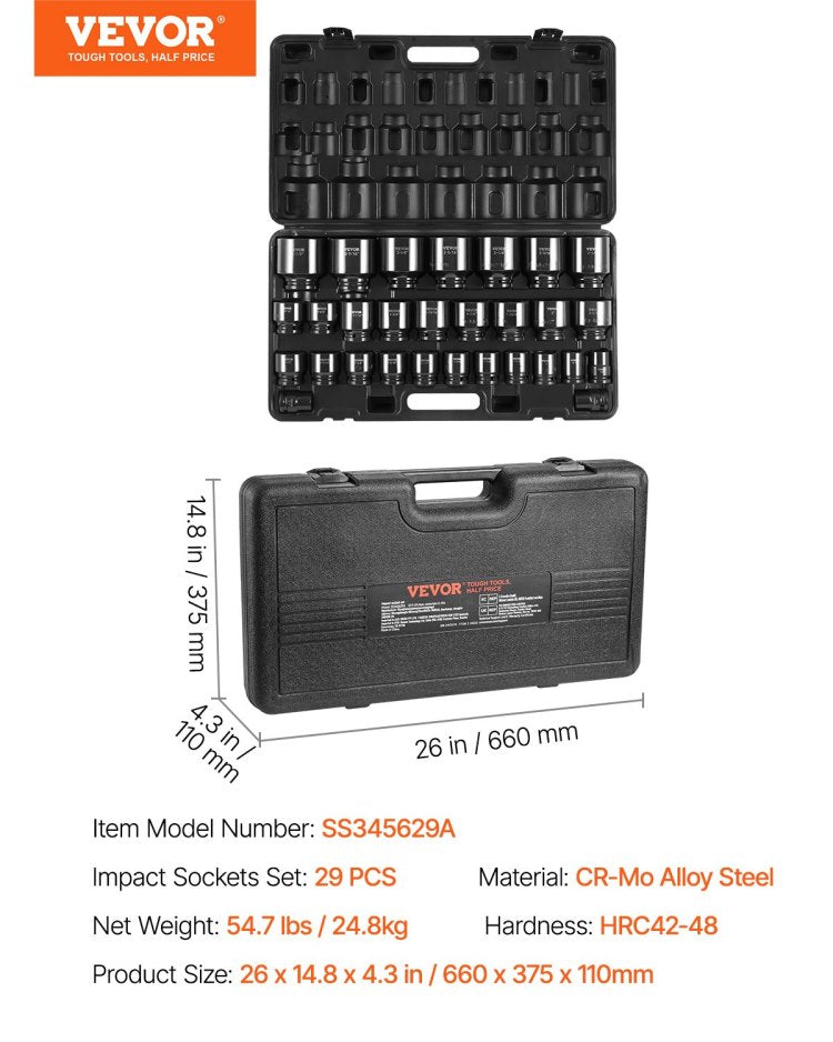 Impact Socket Set 3 4 Inches 29 Piece Impact Sockets, 6 Point Sockets, Rugged Construction, Cr M0, 3 4 Inches Drive Socket Set Impact Sae 3 4 Inch 2 1 2 Inch, With A Storage Cage