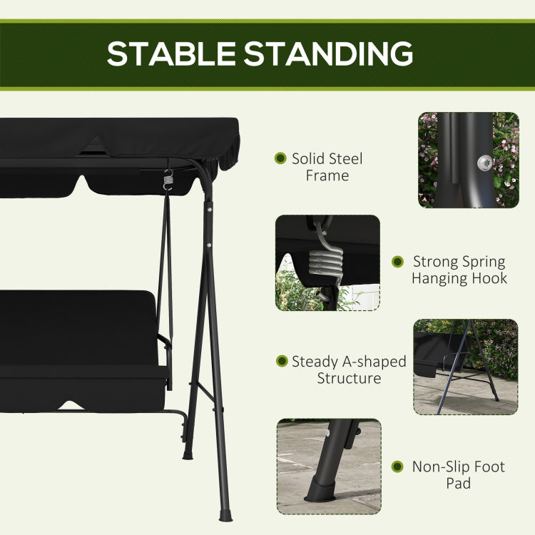 Outsunny 3 Seat Outdoor Patio Swing Chair With Removable Cushion, Steel Frame Stand And Adjustable Tilt Canopy For Patio, Garden, Poolside, Balcony, Backyard, Black 2