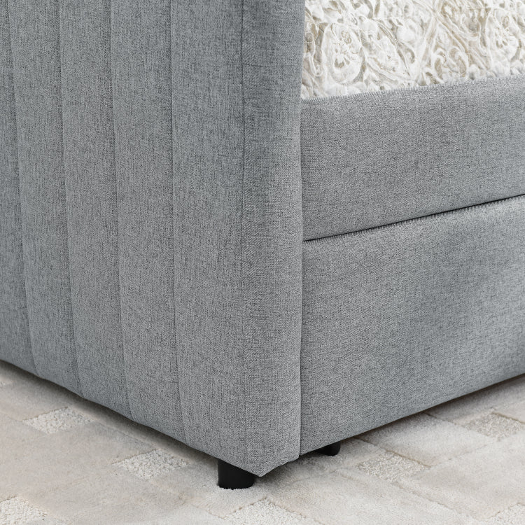 Queen Size Daybed With Two Drawers Trundle Upholstered Sofa Bed, With Vertical Stripes Linen Fabric, Grey 86.5"X65"X30"