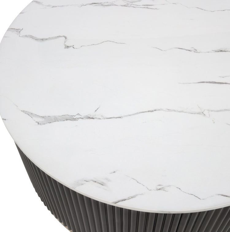 1Pc Coffee Table Modern Cocktail Group Luxurious Marble Inspired Top Reeded Base Gold Finished Foundation With Casters Wooden Living Room Furniture