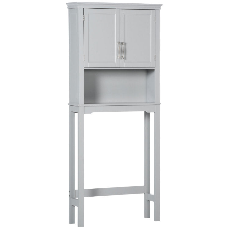 Kleankin Modern Over The Toilet Storage Cabinet, Double Door Bathroom Organizer With Inner Adjustable Shelf And Open Shelf, Grey