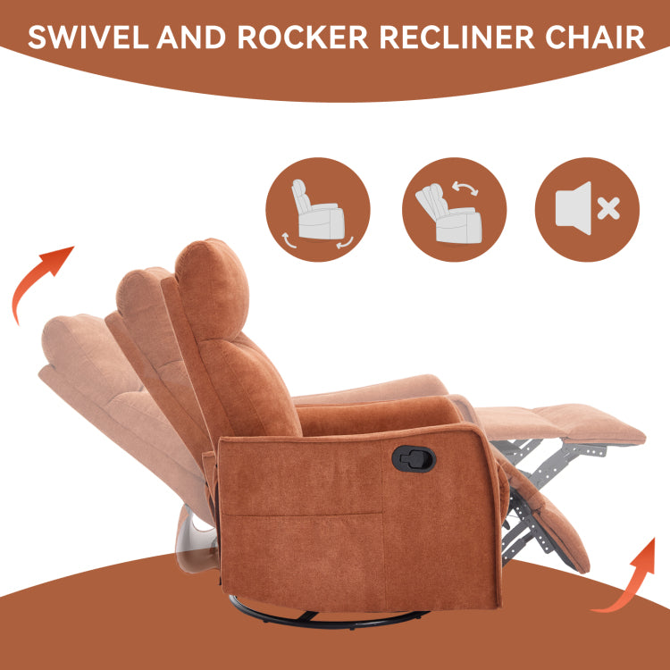 Heat Massage Manual Recliner Chair With Rocker And Swivel In Fabric For Living Room, Orange