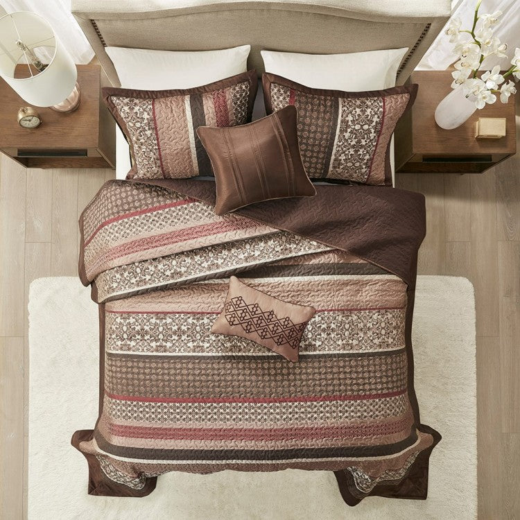 5 Piece Reversible Jacquard Bedspread Set Red Queen