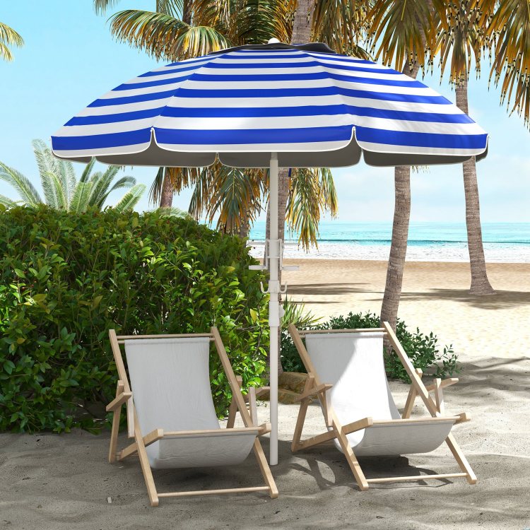 Outsunny 5.7' Portable Beach Umbrella With Tilt, Adjustable Height, 2 Cup Holders & Hooks, Uv 40 Ruffled Outdoor Umbrella With Vented Canopy, Blue White Stripe