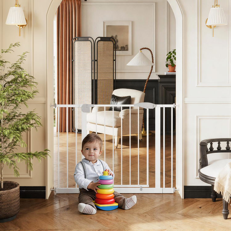 29.5 44.1" Wide Baby Gate For Stairs, Dog Gate Indoor For Doorways, No Drilling Pressure Mounted Pet Gates For Kids, Easy Walk Through Safety Gate, White