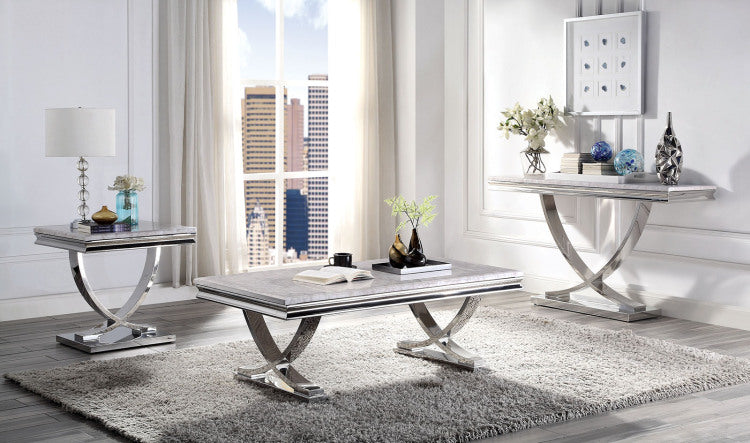 Modern Glam Style Coffee Table With 18Mm Faux Marble On Top Pedestal Base Metal Structure Stainless Steel Chrome Finish