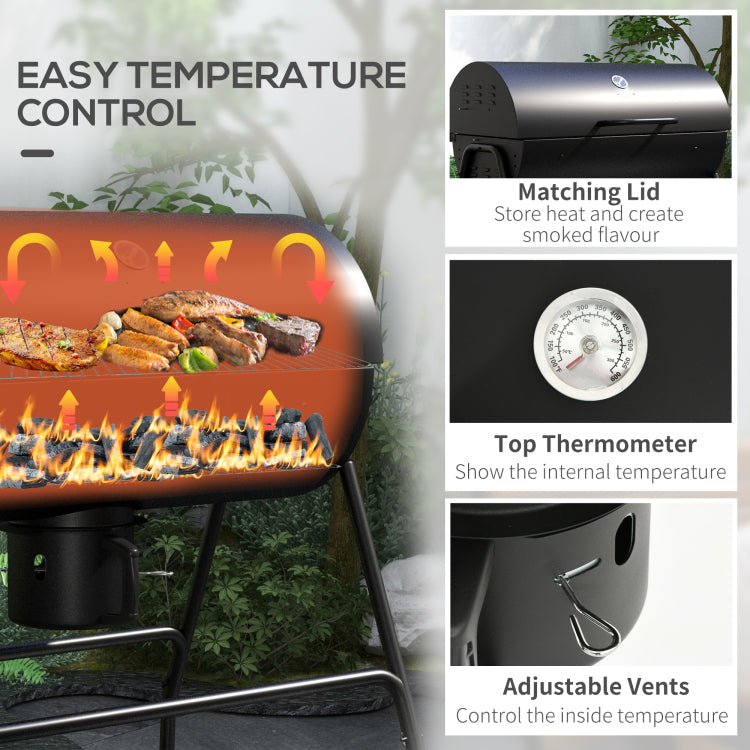 Outsunny Barrel Charcoal Bbq Grill With 420 Sq.In. Cooking Area, Outdoor Barbecue With Wheels, Ash Catcher And Built In Thermometer For Patio Picnic, Backyard Party, Black