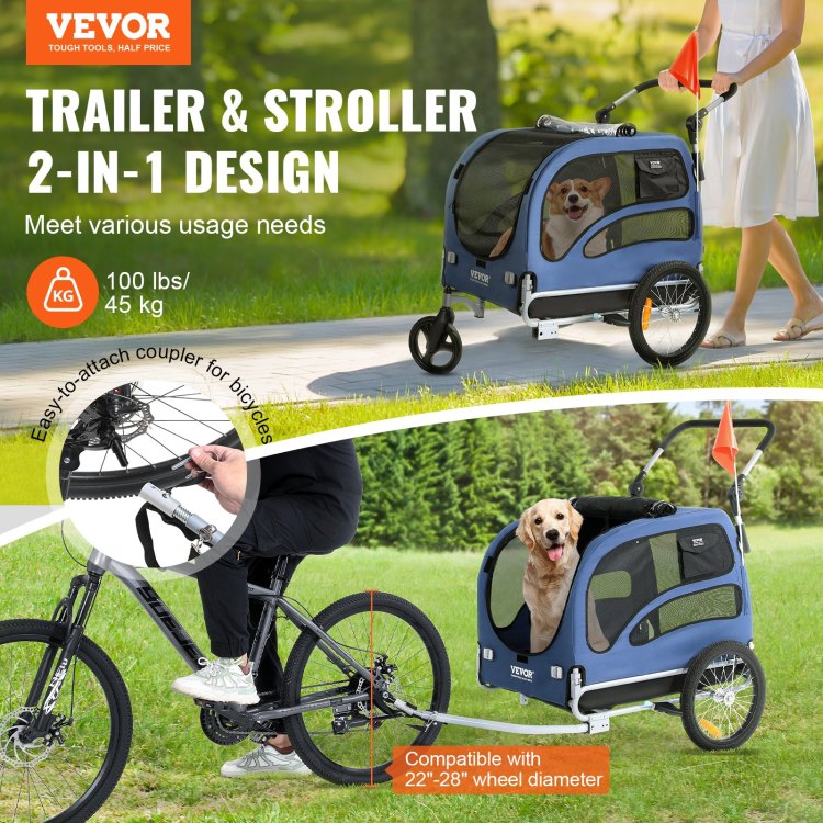 Dog Bike Trailer, Supports Up To 100 Lbs, 2 In 1 Pet Stroller Cart Bicycle Carrier, Easy Folding Cart Frame With Quick Release Wheels, Universal Bicycle Coupler, Reflectors, Flag, Blue Black