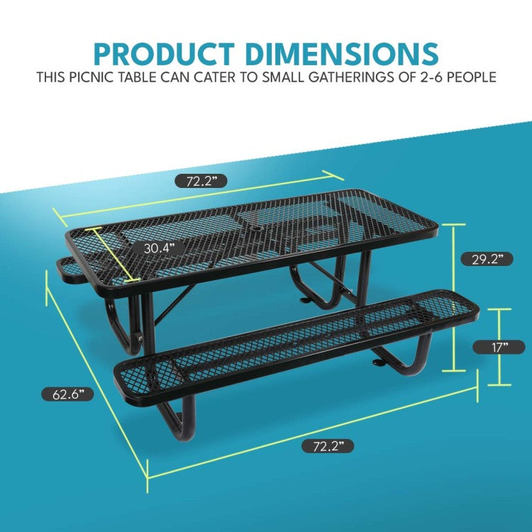 6 Ft. Rectangular Outdoor Steel Picnic Table With Umbrella Pole In Black