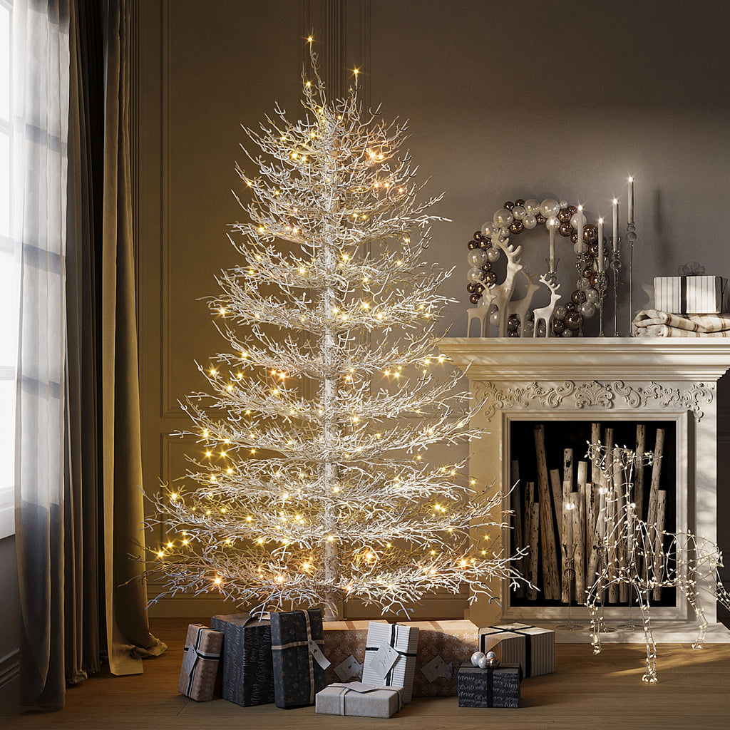 6Ft Pre Lit Aspen Fir Artificial Christmas Tree, Hinged Xmas Tree 623 Snow Flocked Branch Tips, 420 Warm White Led Lights, Holiday Coral Christmas Tree For Home Party